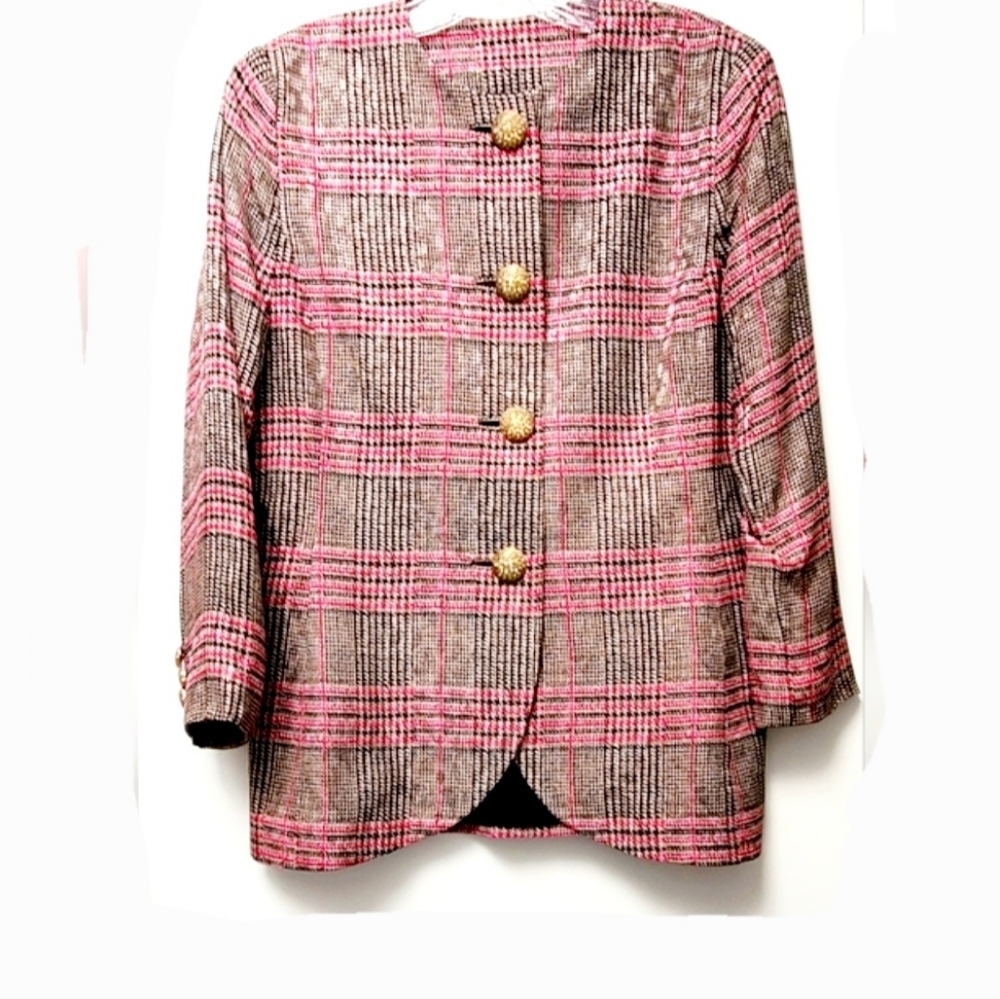 Vintage David Hayes Pink Gray Plaid 100% Silk Jacket 3/4 Sleeves Size 6